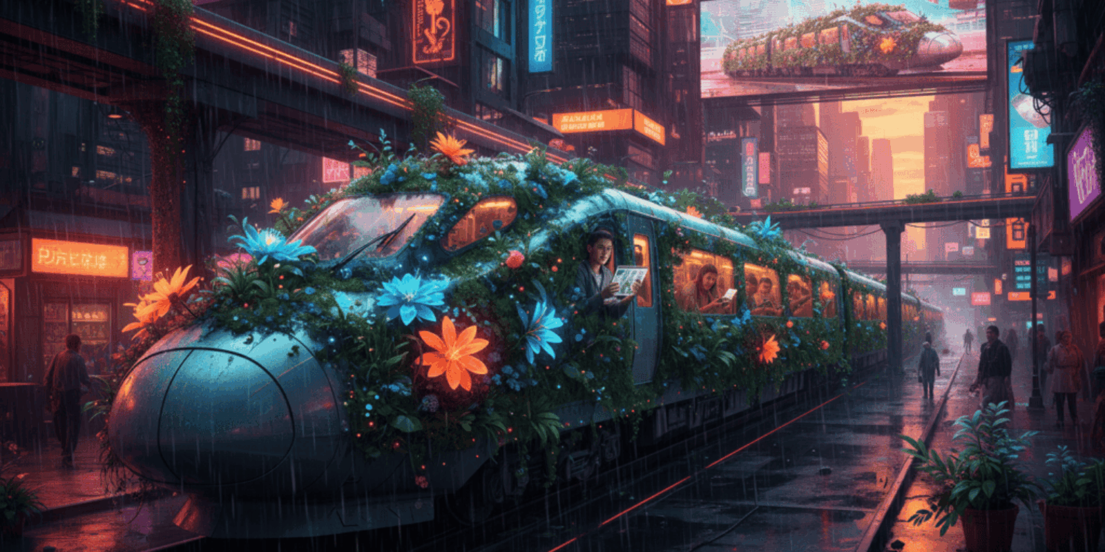 Modern train covered with vibrant plants in a neon-lit urban setting at night.