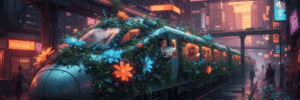 Modern train covered with vibrant plants in a neon-lit urban setting at night.