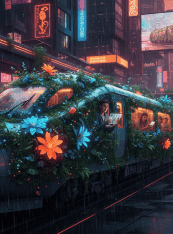 Modern train covered with vibrant plants in a neon-lit urban setting at night.