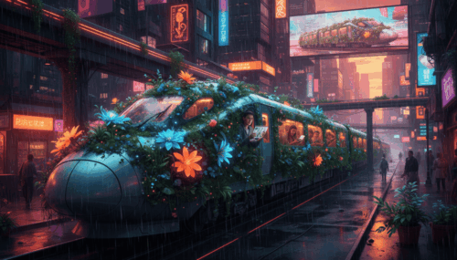 Modern train covered with vibrant plants in a neon-lit urban setting at night.