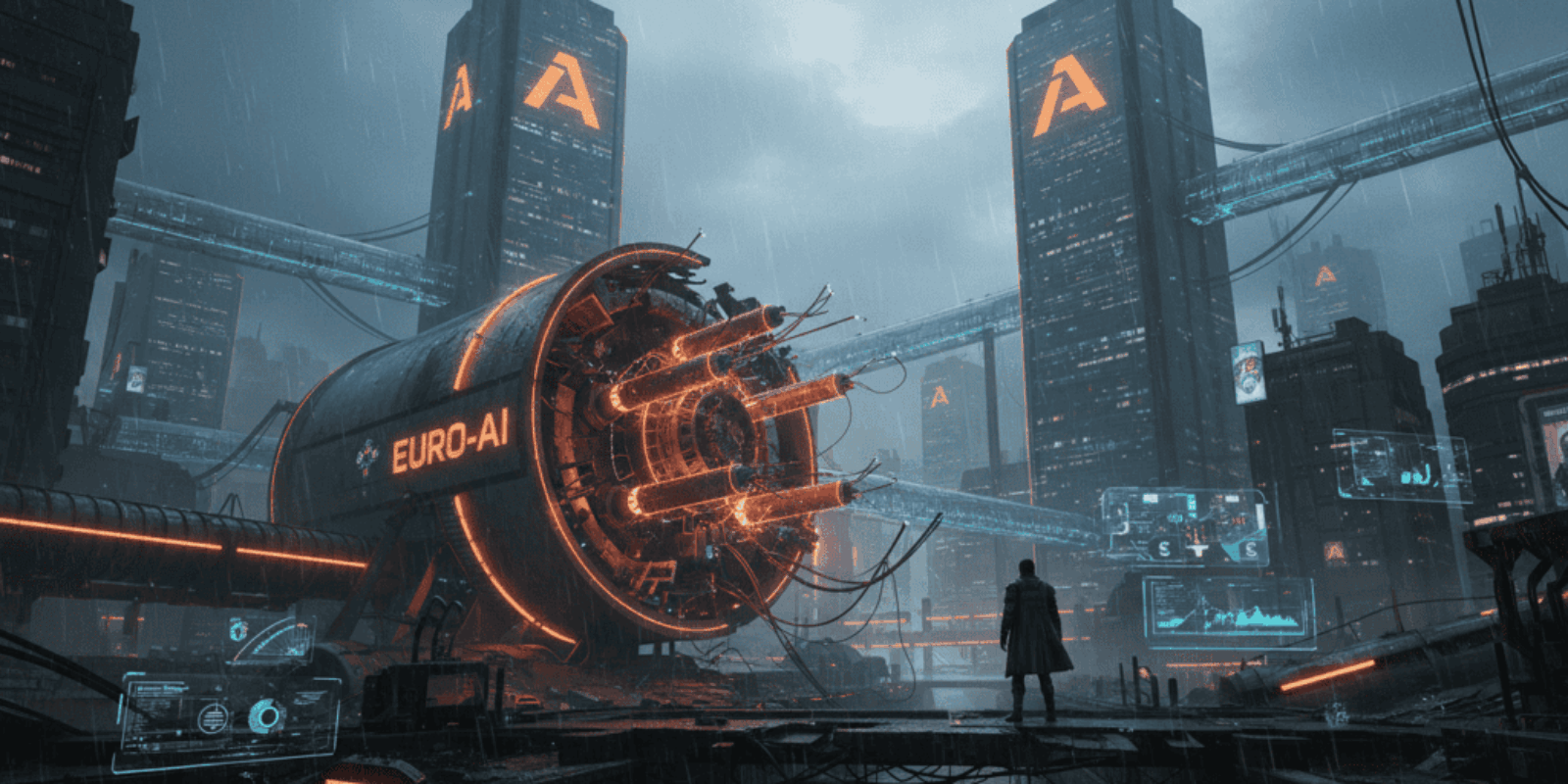 Advanced Euro-AI megabond machinery in a cyberpunk city scene.