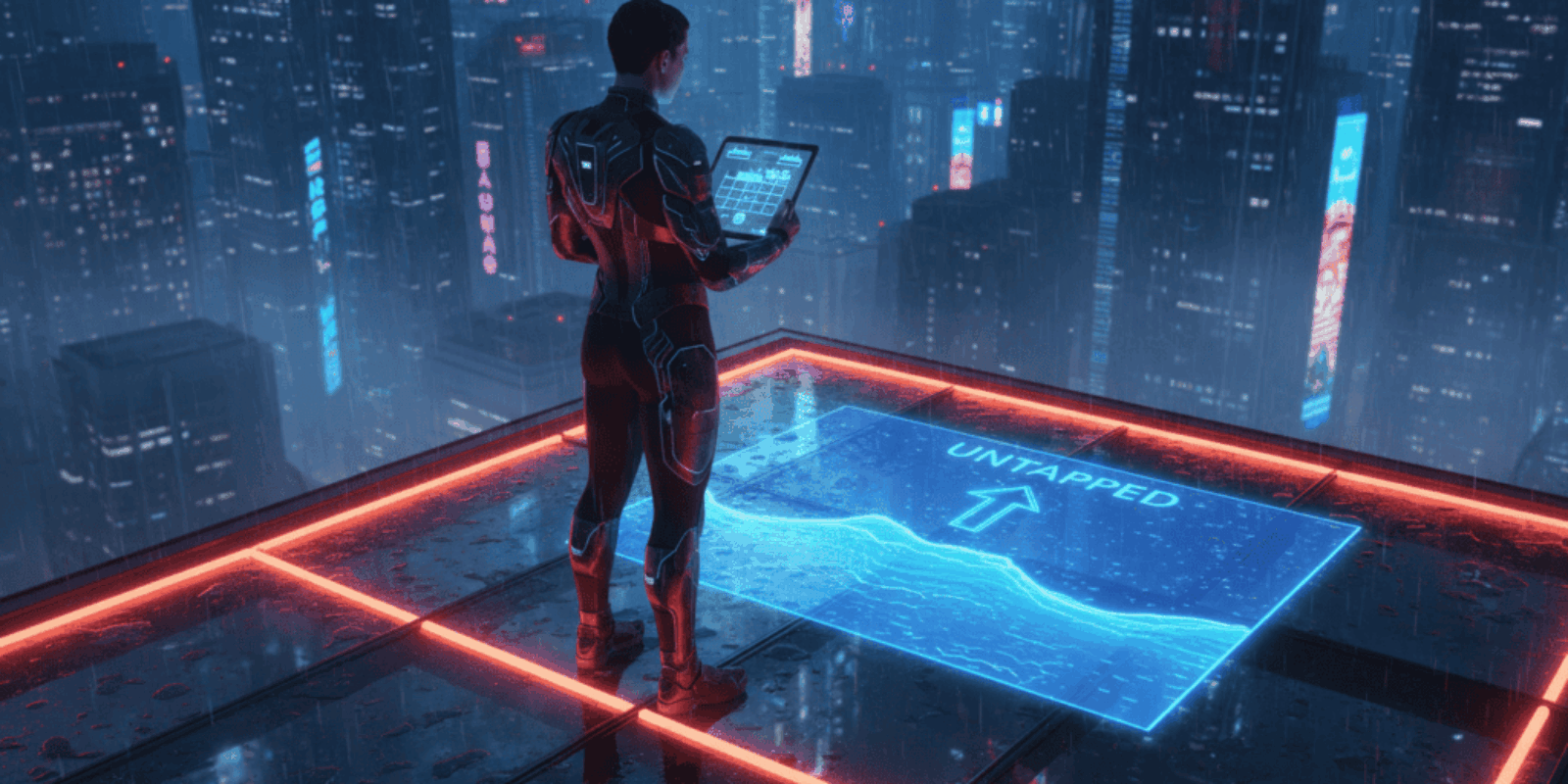 AI developer analyzing data on a tablet in a neon-lit city at night.
