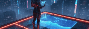 AI developer analyzing data on a tablet in a neon-lit city at night.