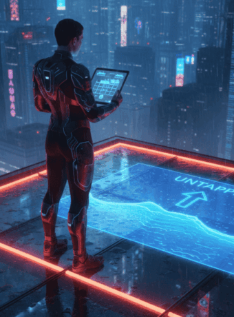 AI developer analyzing data on a tablet in a neon-lit city at night.