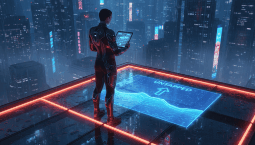 AI developer analyzing data on a tablet in a neon-lit city at night.