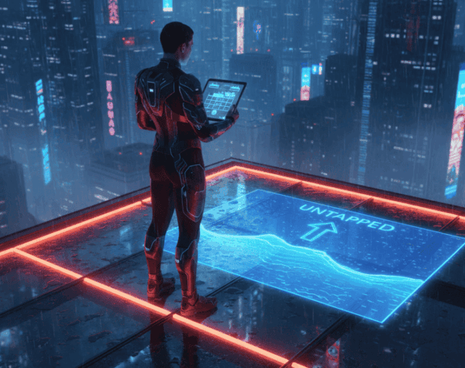 AI developer analyzing data on a tablet in a neon-lit city at night.