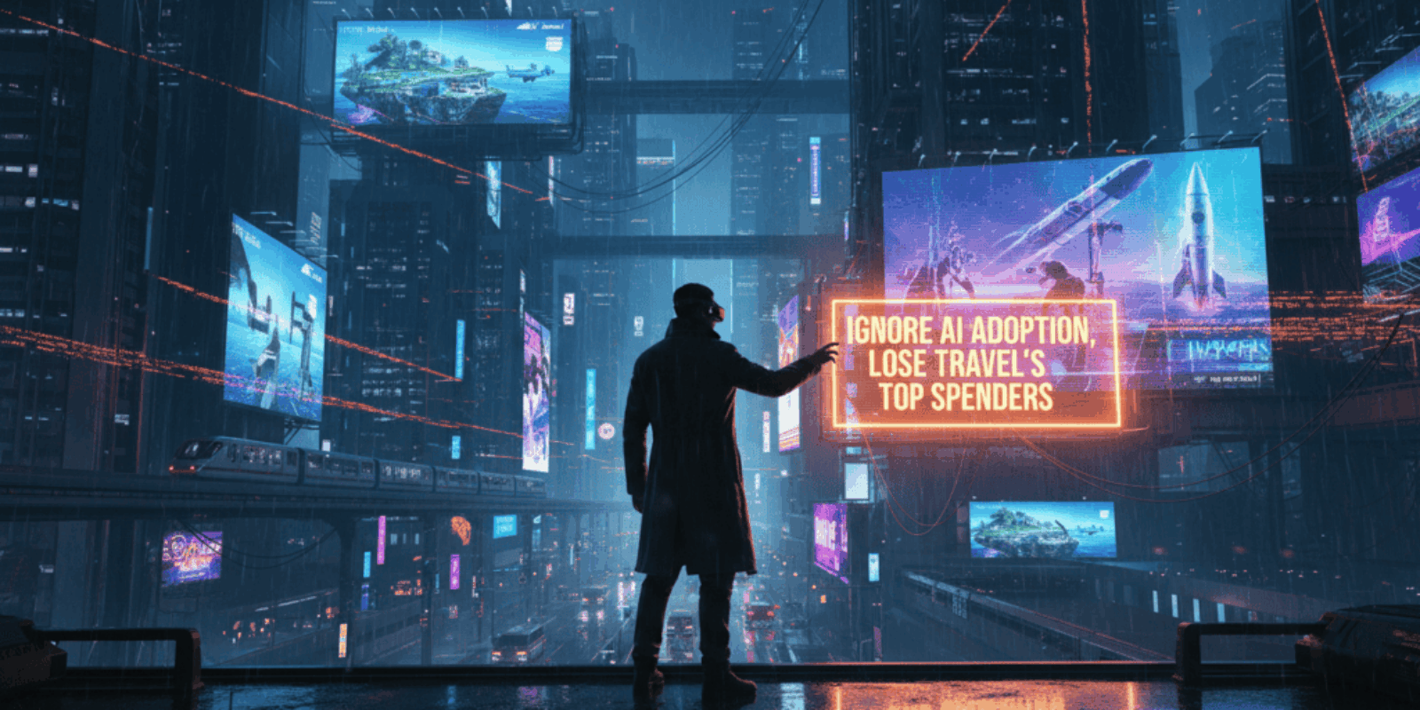Futuristic cityscape with digital billboards highlighting AI and travel industry trends.