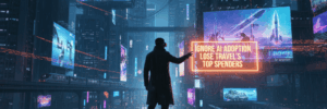 Futuristic cityscape with digital billboards highlighting AI and travel industry trends.