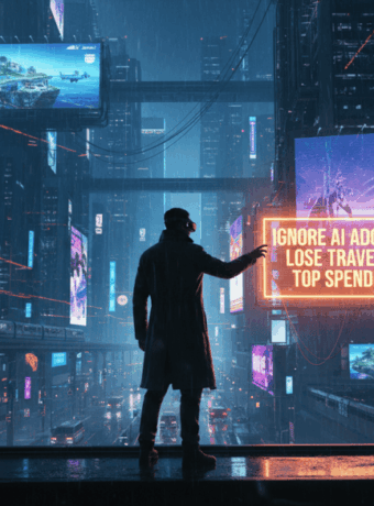 Futuristic cityscape with digital billboards highlighting AI and travel industry trends.