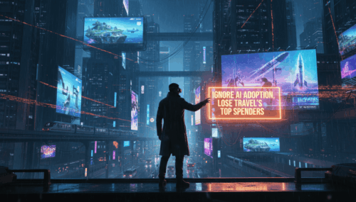 Futuristic cityscape with digital billboards highlighting AI and travel industry trends.