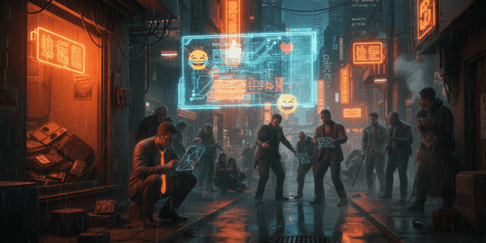 Futuristic cyberpunk street scene featuring digital emoji signs and diverse people in a neon-lit env.