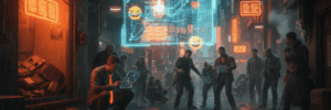 Futuristic cyberpunk street scene featuring digital emoji signs and diverse people in a neon-lit env.