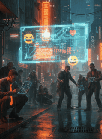 Futuristic cyberpunk street scene featuring digital emoji signs and diverse people in a neon-lit env.