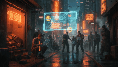 Futuristic cyberpunk street scene featuring digital emoji signs and diverse people in a neon-lit env.
