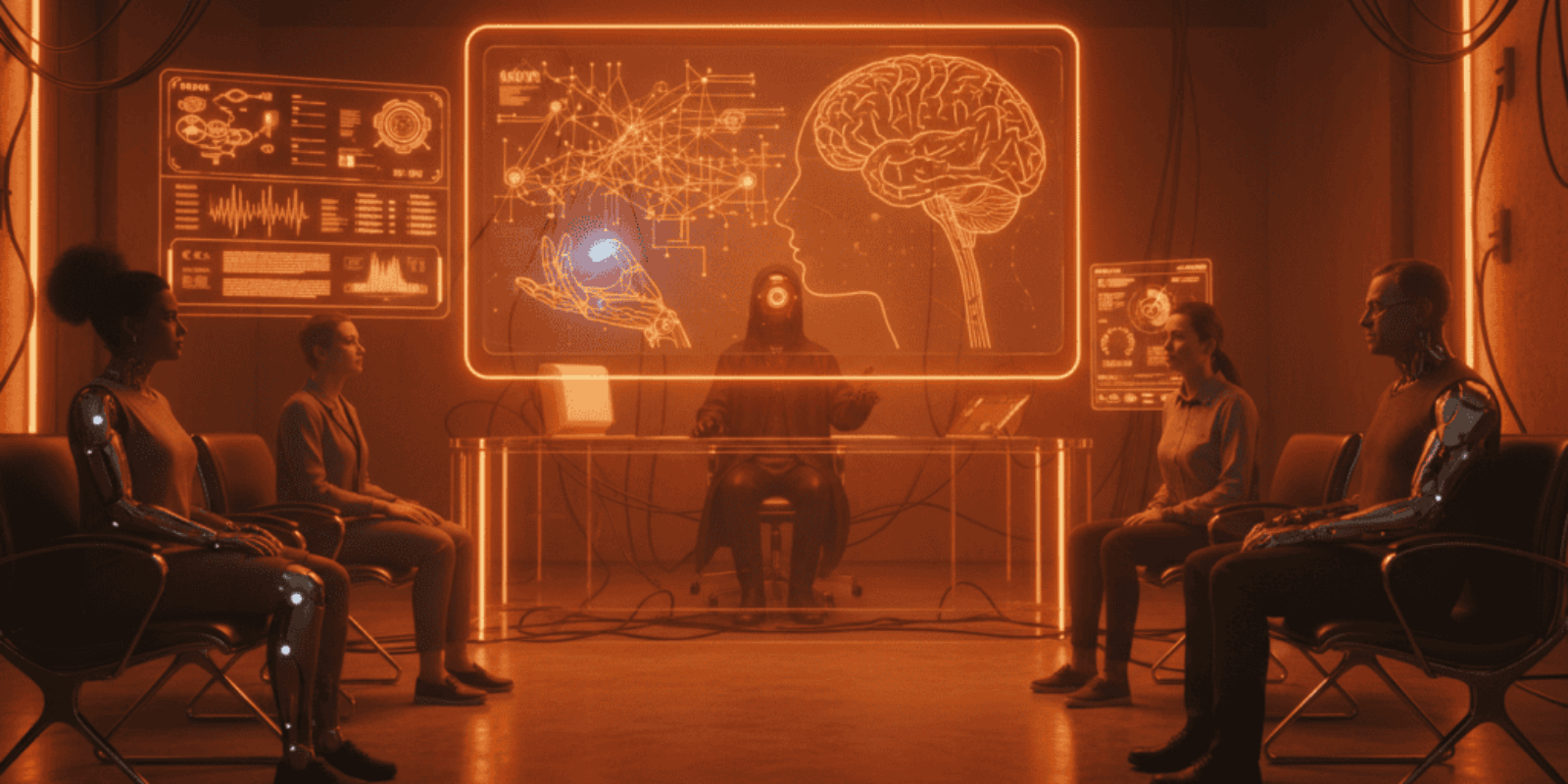 Group of people in a futuristic AI therapy session with digital brain visuals.