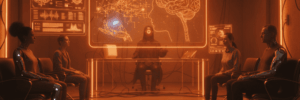 Group of people in a futuristic AI therapy session with digital brain visuals.
