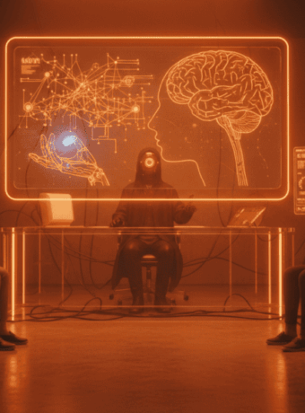Group of people in a futuristic AI therapy session with digital brain visuals.