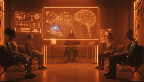 Group of people in a futuristic AI therapy session with digital brain visuals.