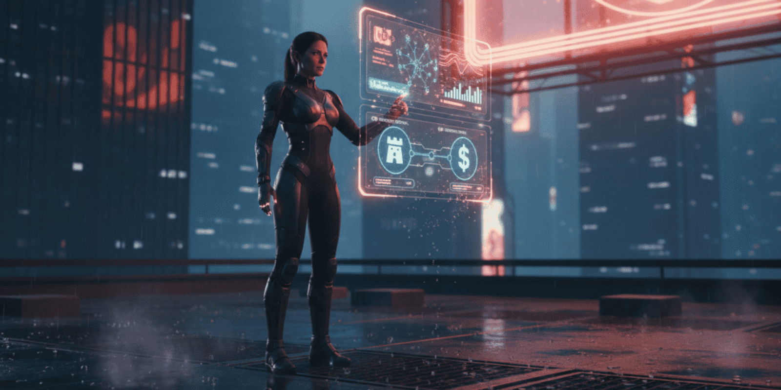 Woman using futuristic AI interface to assess merger and acquisition deals for small and medium busi.