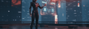 Woman using futuristic AI interface to assess merger and acquisition deals for small and medium busi.