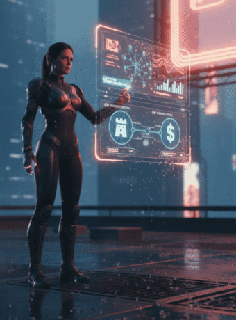 Woman using futuristic AI interface to assess merger and acquisition deals for small and medium busi.