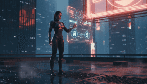 Woman using futuristic AI interface to assess merger and acquisition deals for small and medium busi.