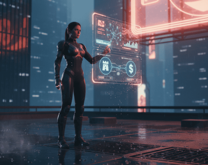 Woman using futuristic AI interface to assess merger and acquisition deals for small and medium busi.