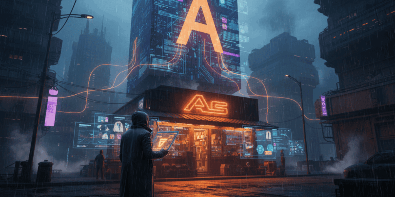 AI cityscape with digital advertisements and neon lights in a futuristic urban environment.