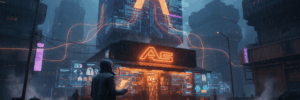 AI cityscape with digital advertisements and neon lights in a futuristic urban environment.