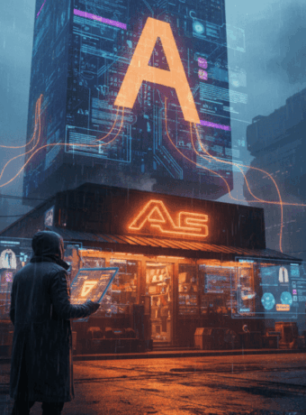 AI cityscape with digital advertisements and neon lights in a futuristic urban environment.