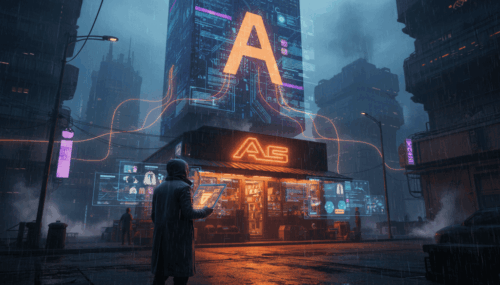 AI cityscape with digital advertisements and neon lights in a futuristic urban environment.