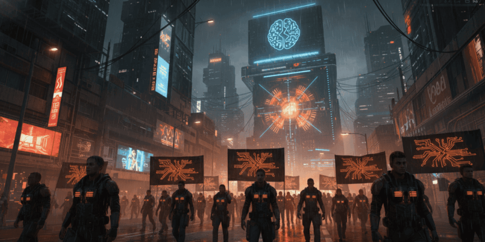 Protesters oppose AI data centers in a futuristic cityscape at night.