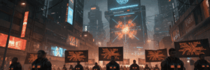Protesters oppose AI data centers in a futuristic cityscape at night.