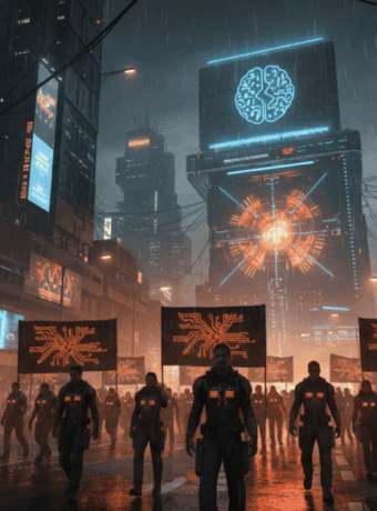 Protesters oppose AI data centers in a futuristic cityscape at night.
