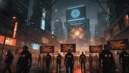 Protesters oppose AI data centers in a futuristic cityscape at night.