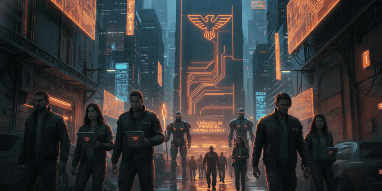 AI surveillance team walking through a high-tech cityscape at night.