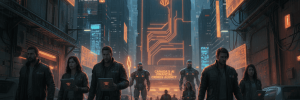 AI surveillance team walking through a high-tech cityscape at night.