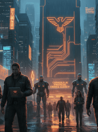 AI surveillance team walking through a high-tech cityscape at night.