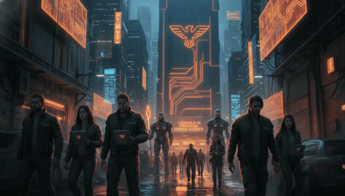 AI surveillance team walking through a high-tech cityscape at night.