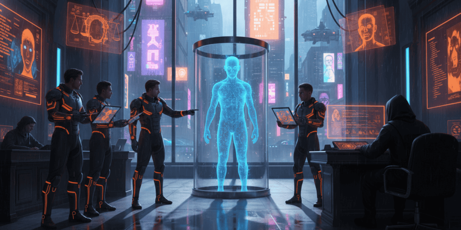 AI-generated human hologram in a futuristic cityscape.