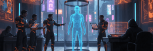 AI-generated human hologram in a futuristic cityscape.