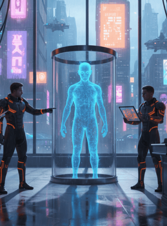 AI-generated human hologram in a futuristic cityscape.