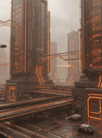 AI data centers, futuristic city, digital infrastructure, high-tech, neon lighting.