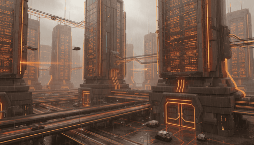 AI data centers, futuristic city, digital infrastructure, high-tech, neon lighting.