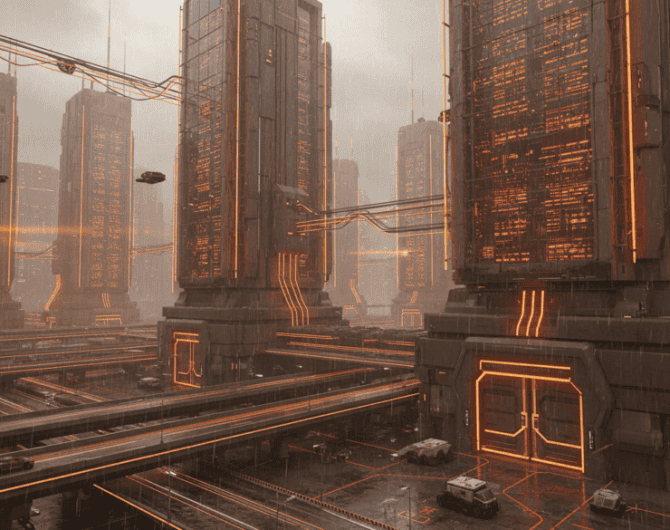 AI data centers, futuristic city, digital infrastructure, high-tech, neon lighting.