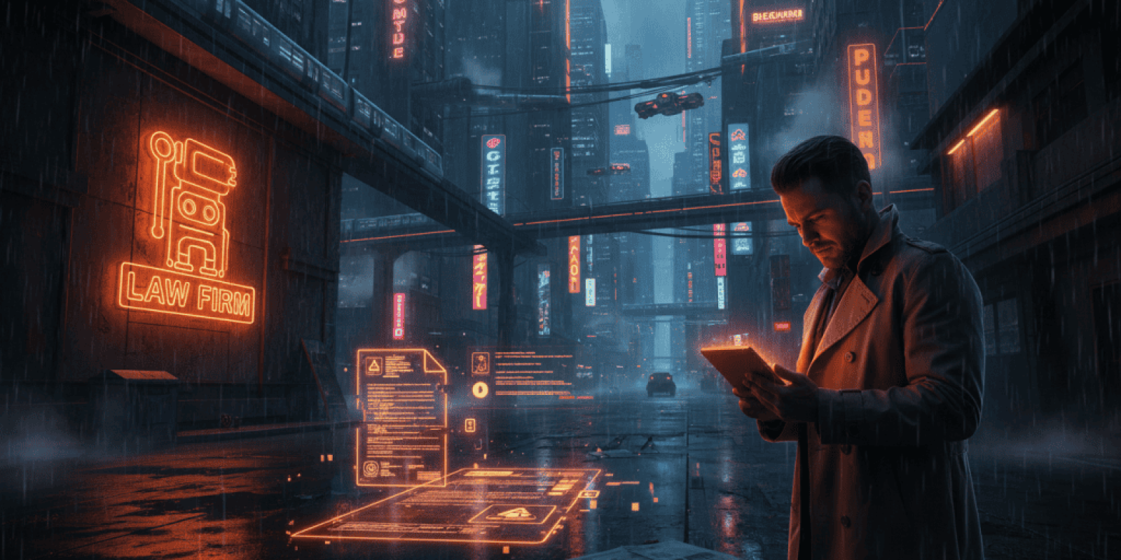 Man reviewing legal documents on a tablet in a futuristic cityscape with digital court data overlays.