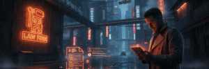Man reviewing legal documents on a tablet in a futuristic cityscape with digital court data overlays.