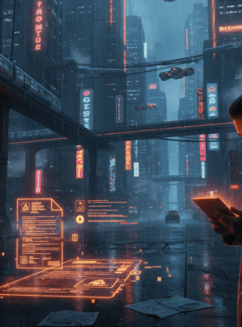 Man reviewing legal documents on a tablet in a futuristic cityscape with digital court data overlays.
