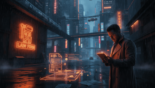 Man reviewing legal documents on a tablet in a futuristic cityscape with digital court data overlays.