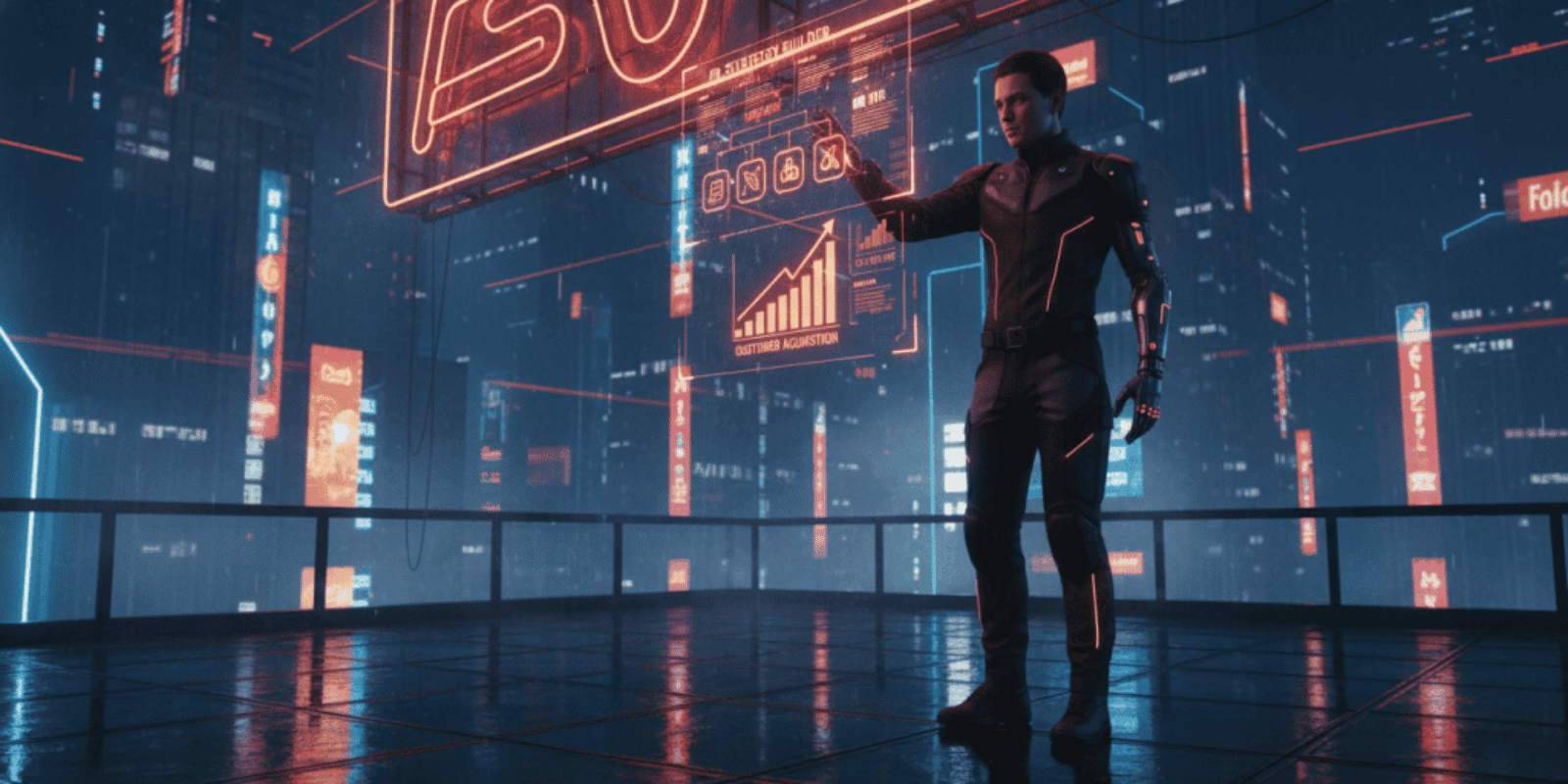 Futuristic scene of a woman using AI technology for customer engagement in a digital cityscape.